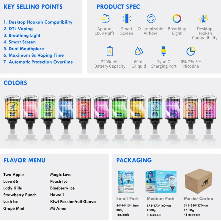 JNR Mega Shisha Hookah 100000 100K Puffs Large Capacity LED Display Disposable Vape