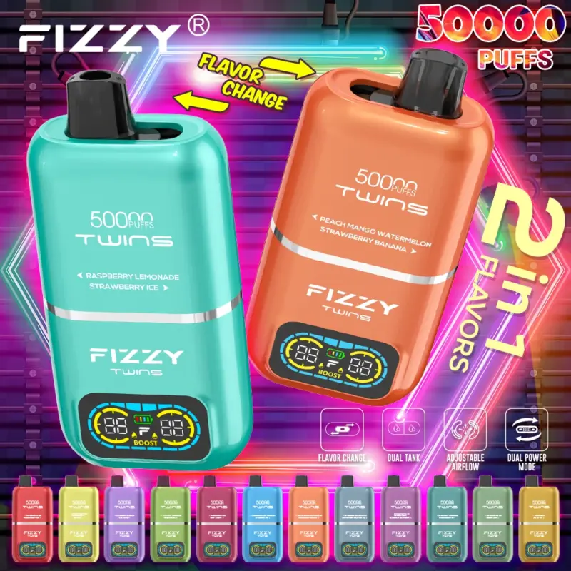 Fizzy Twins 50000 50k Puffs 2% 5% Nicotine Double Taste LCD Display Disposable Vape EU Warehouse