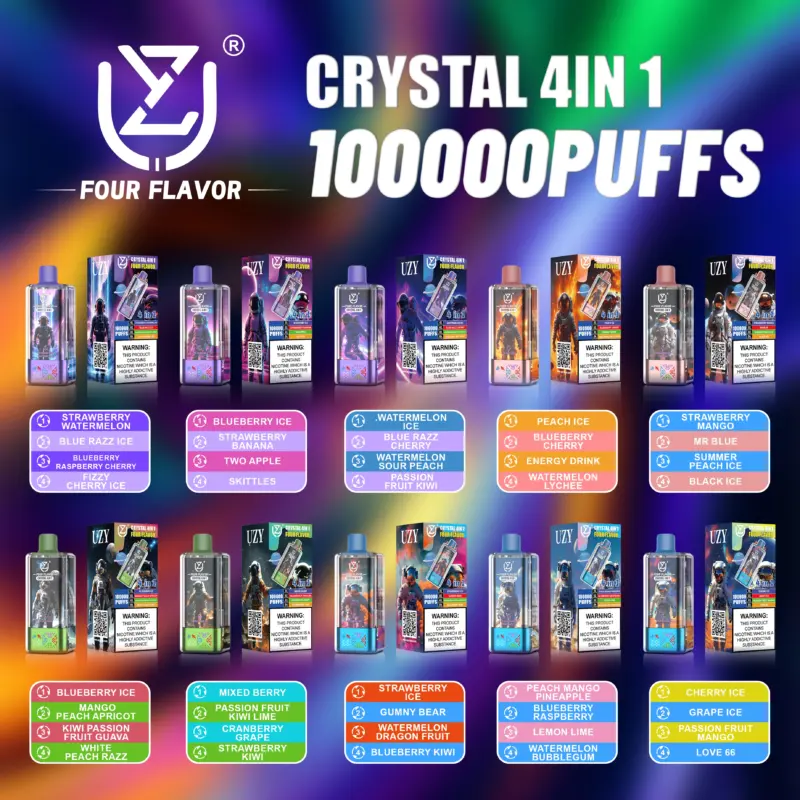 UZY Four Flavors 100000 100K Puffs Crystal 4 In 1 Flavors Newest Original Rechargeable LED Display Disposable Vape