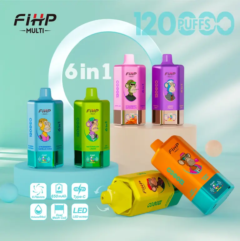 FIHP MULTI 120000 120K Puffs 6 in 1 Flavors Newest Original Rechargeable LED Display Disposable Vape